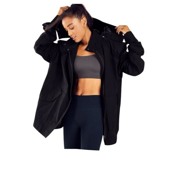 Fabletics Giana Ruched Sleeve Lightweight Jacket RainCoat Black Size Large - Picture 1 of 11
